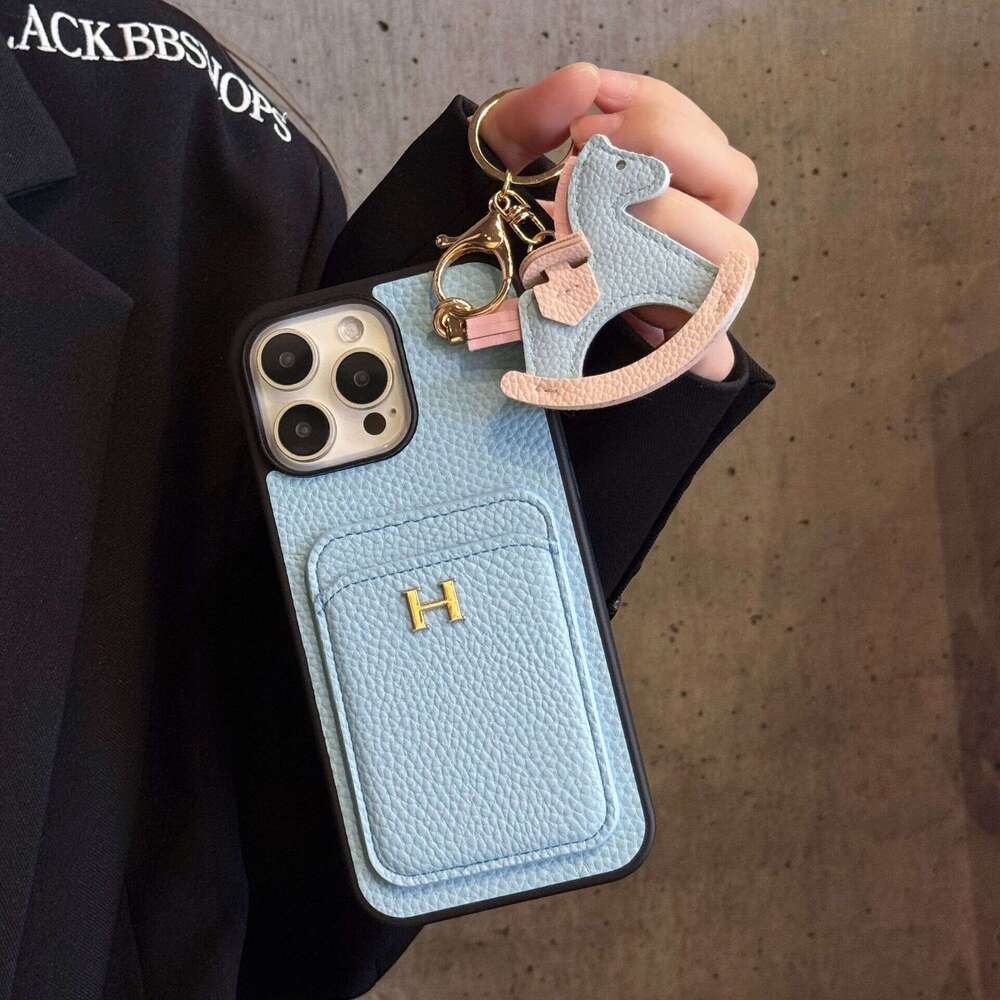 Luxury phone caseNew Card Slot + Rocking Horse iPhone 17 Lychee Texture Genuine Leather Feel Compatible with Samsung S25 Protective Case