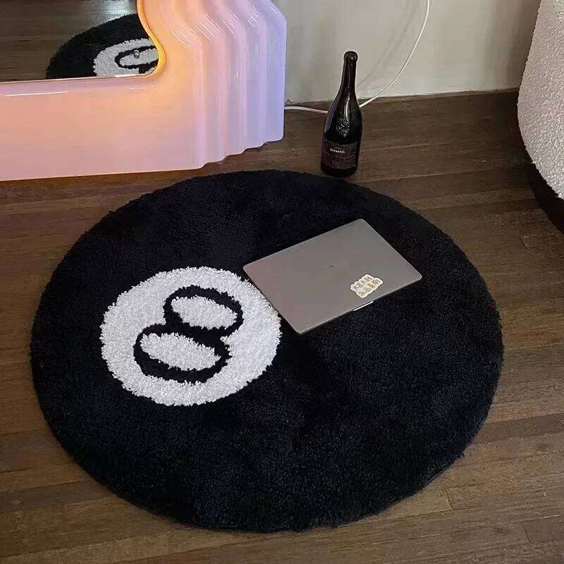 Plush Black Rug Creative Soft Anti-slip Carpet Round Skin Friendly 8 Ball Mat Hoom Decor H260226