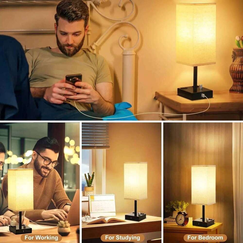 LED Desk Fully Dimmable Bedside Lamps with USB C+A Charge Ports Eye Protection Reading Light Table Lamp Grey Fabric Shade Z260227