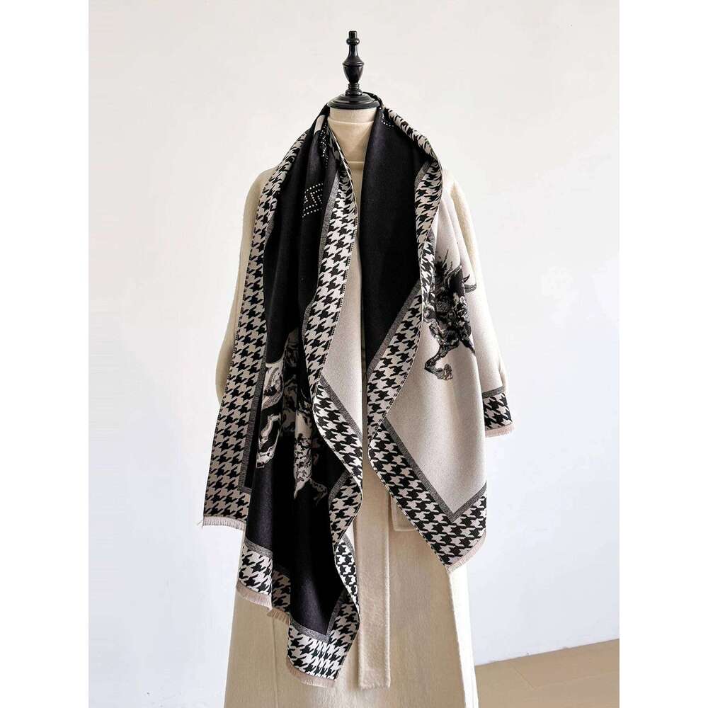 Women's Winter Faux Cashmere Scarf - Thick Warm Cashew Flower & Animal Print Design, Multi-Functional Travel Blanket, Fashion Z260226