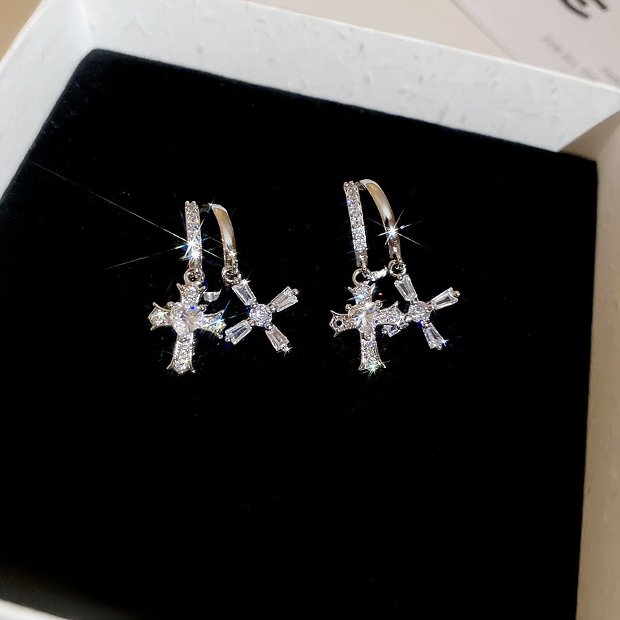 Silver needle zircon C-shaped cross pendant niche high-end earrings, minimalist trendy unique earrings for women - view 7