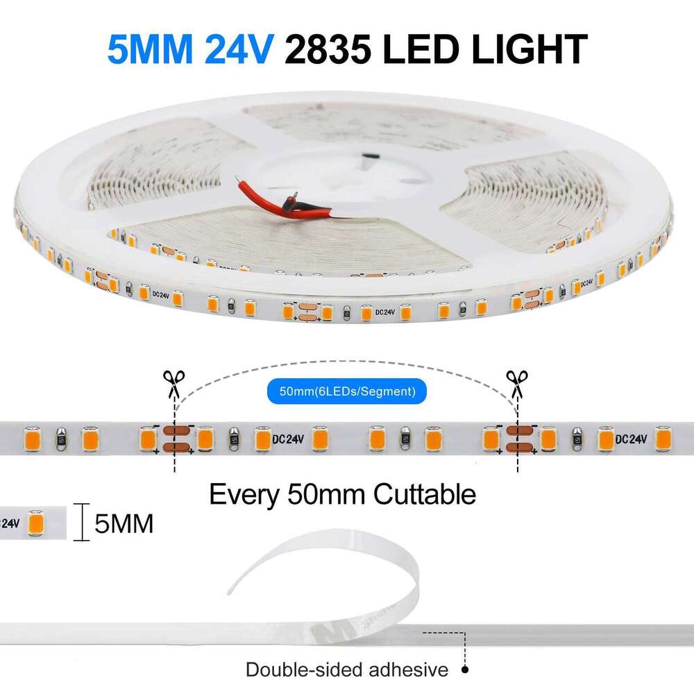 DC 12V 24V 2835 120LEDs/M LED Strip White/Green/Red/Blue/Pink/Yellow/Ice Blue IP21 Flexible Ribbon Tape Rope Light 5M 10M/Roll Z260226