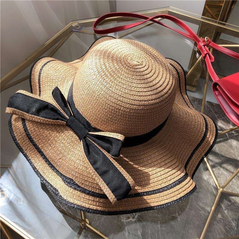 Fashion Accessories Hat Women's Elegant Wavy Brim Straw Floppy Hat with Black Bow UV Protection for Summer Trips Pool Parties Holiday Beach