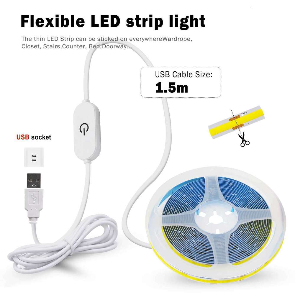 Dimmerable DC 5V USB COB Strip White/Pink/Red/White/Yellow/Yellow/Ice Blue/Green Home Decor TV Backlight Flexible Ribbon Rope Z260226