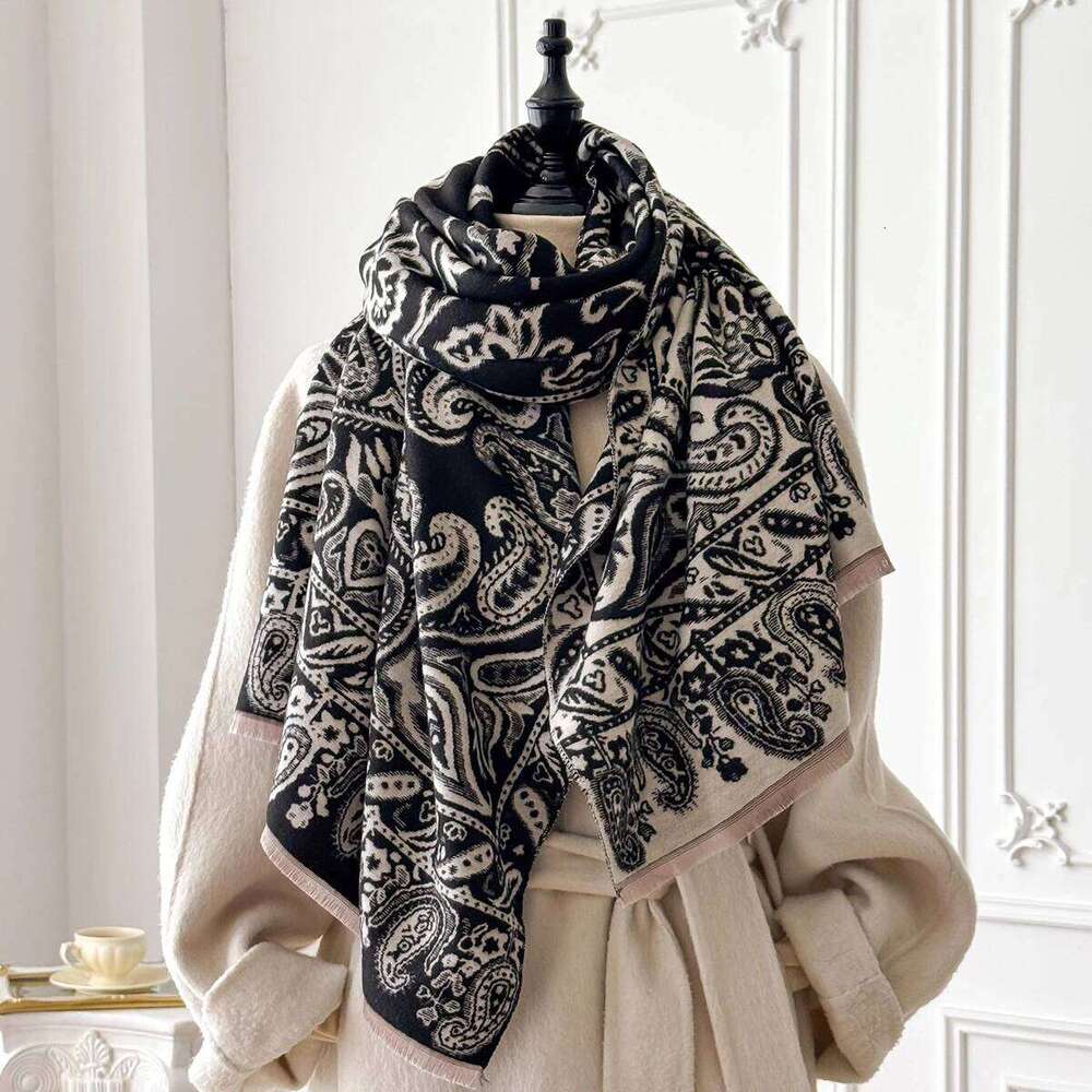 New Retro Style Women's Winter Warm Cashmere Scarf Double Sided Castle Print Pashmina Shawl, Blanket Poncho Foulard Z260226