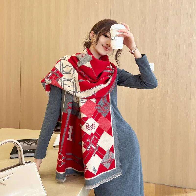 185*65cm Winter Women's Luxury Design Double sided Cashmere Feel Warm Red Scarf Shawl Z260226