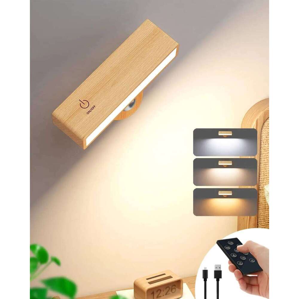 LED Wood With 3 Colors Remote Control 360 Rotate Magnetic Sconce Touchable For Bedroom Cordless Wall Reading Lamp Z260227