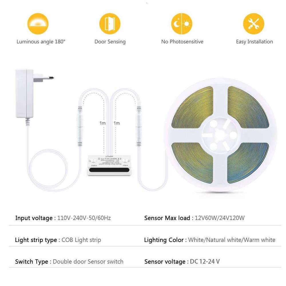 Smart Door Motion Sensor Strip Light 24V COB, LED Tape Lights, Cuttable for Cabinet/Wardrobe/Shelf Lighting, EU/US Plug Z260226