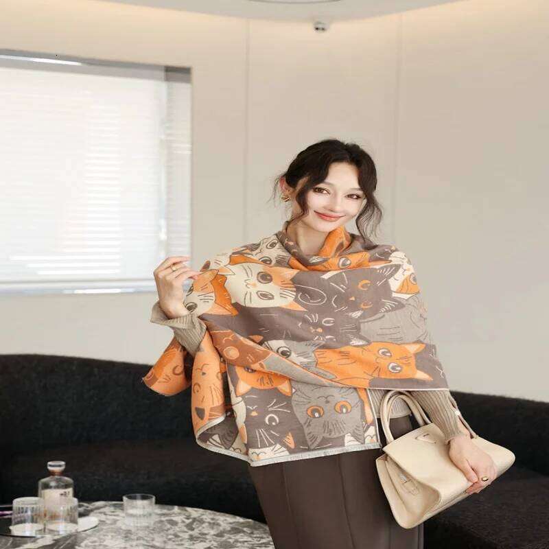 Cute Big-eyed Cat Winter Scarf Cashmere Women Pashmina Design Wrap Female Thick Blanket Soft Bufanda warmth Shawl Kerchief Z260226