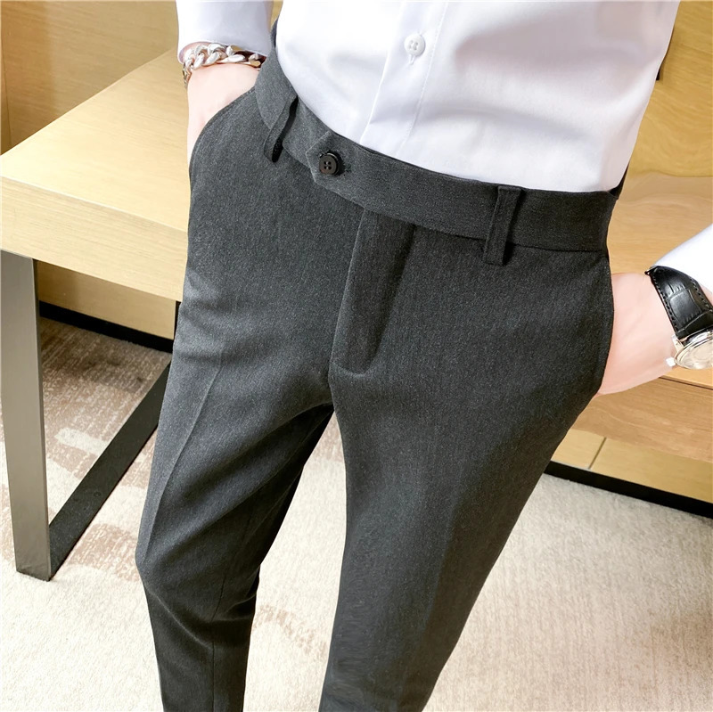 Boutique Fashion Solid Color Plaid Striped Mens Casual Business Office Formal Suit Pants Grooms Wedding Dress Trousers 260227