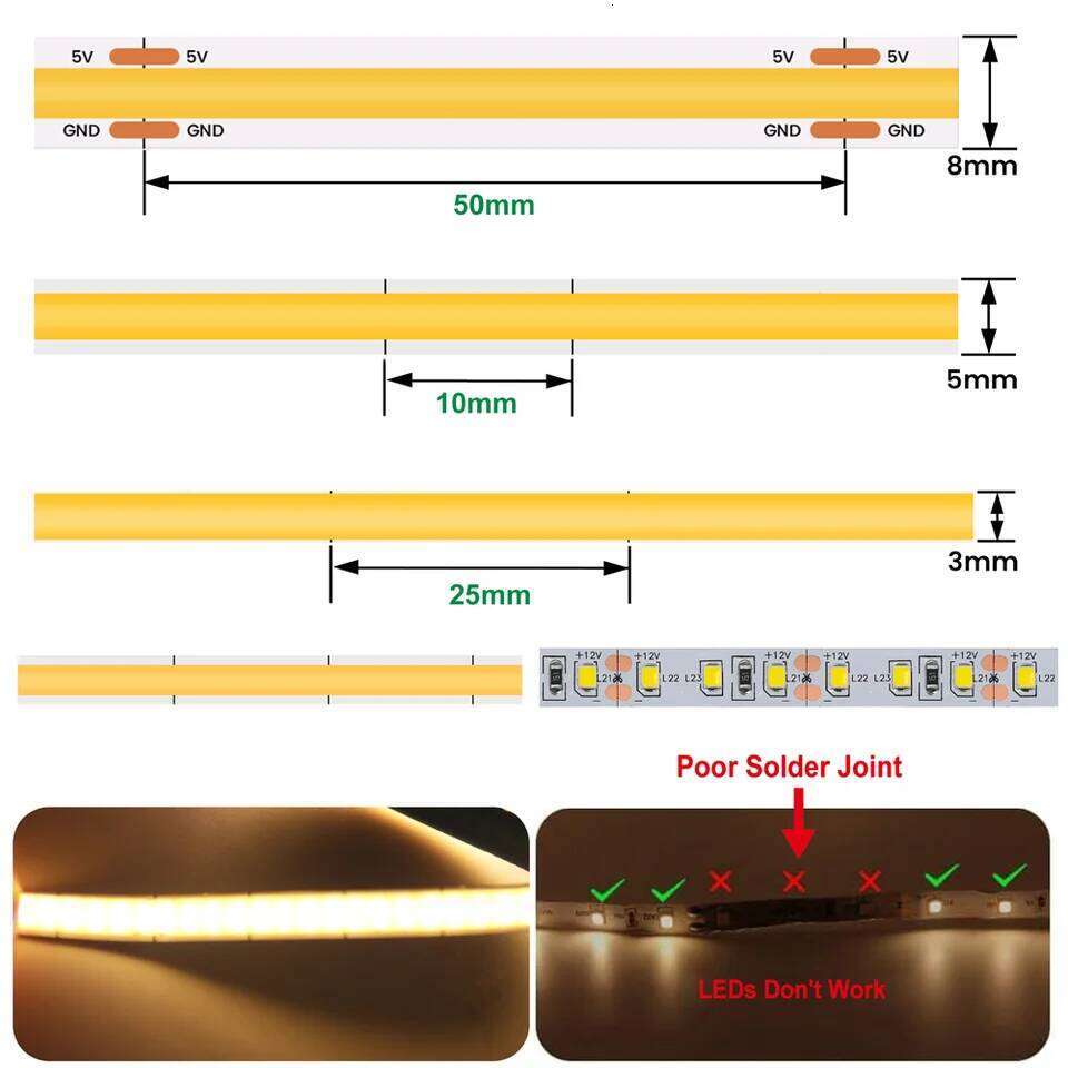 5V Strip 3mm 5mm 8mm Width 320LEDs/m High Density COB LED Tape AA Battery Powered Linear Lighting White Red Green Blue Z260226