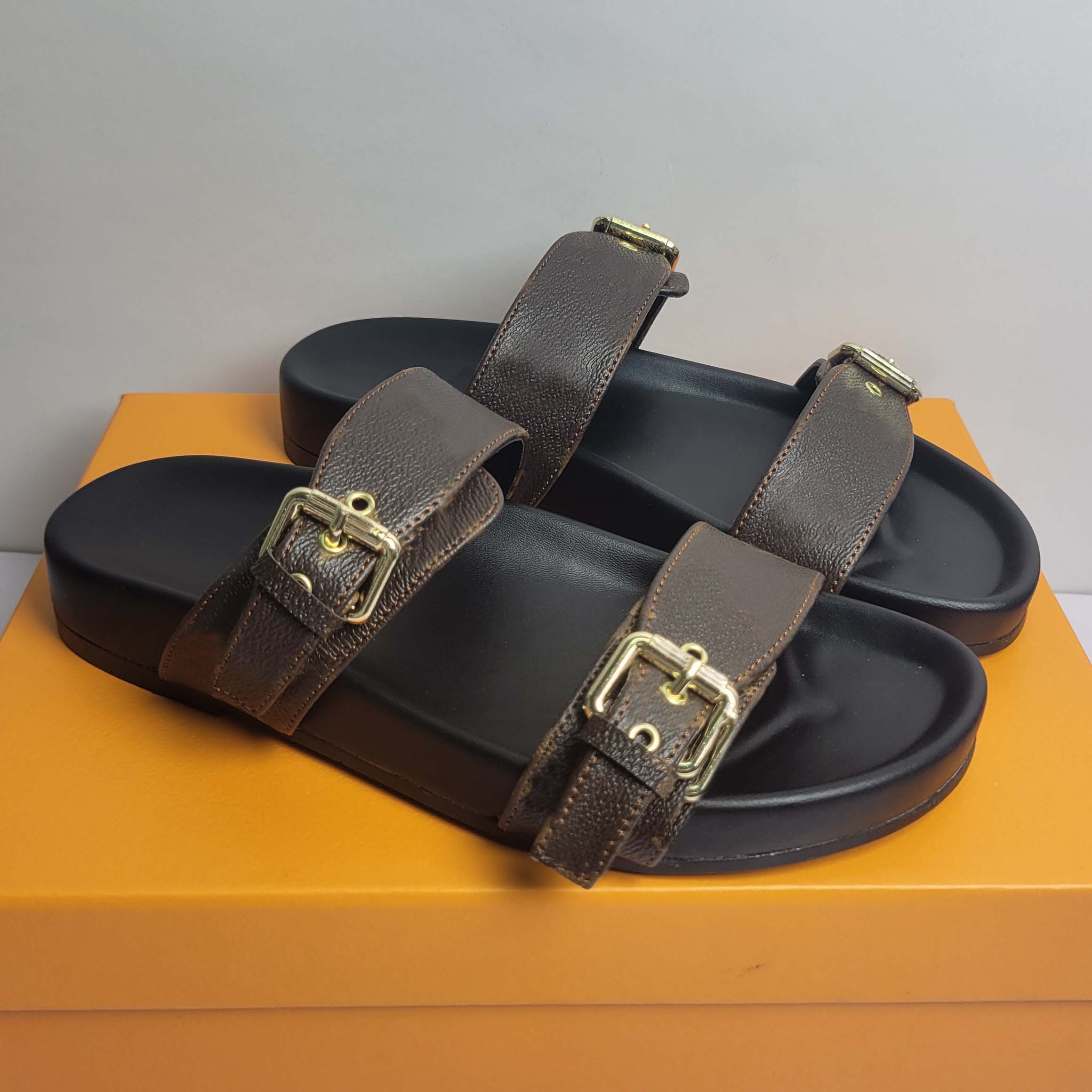 Sandals Famous Designer Women Men l0uiss vu1tt0nshoes 35-45 Luxury Brown Slides Slipper Classic Brand Real Leather Platform Shoes Ladies Beach 2 Adjustable Buckles