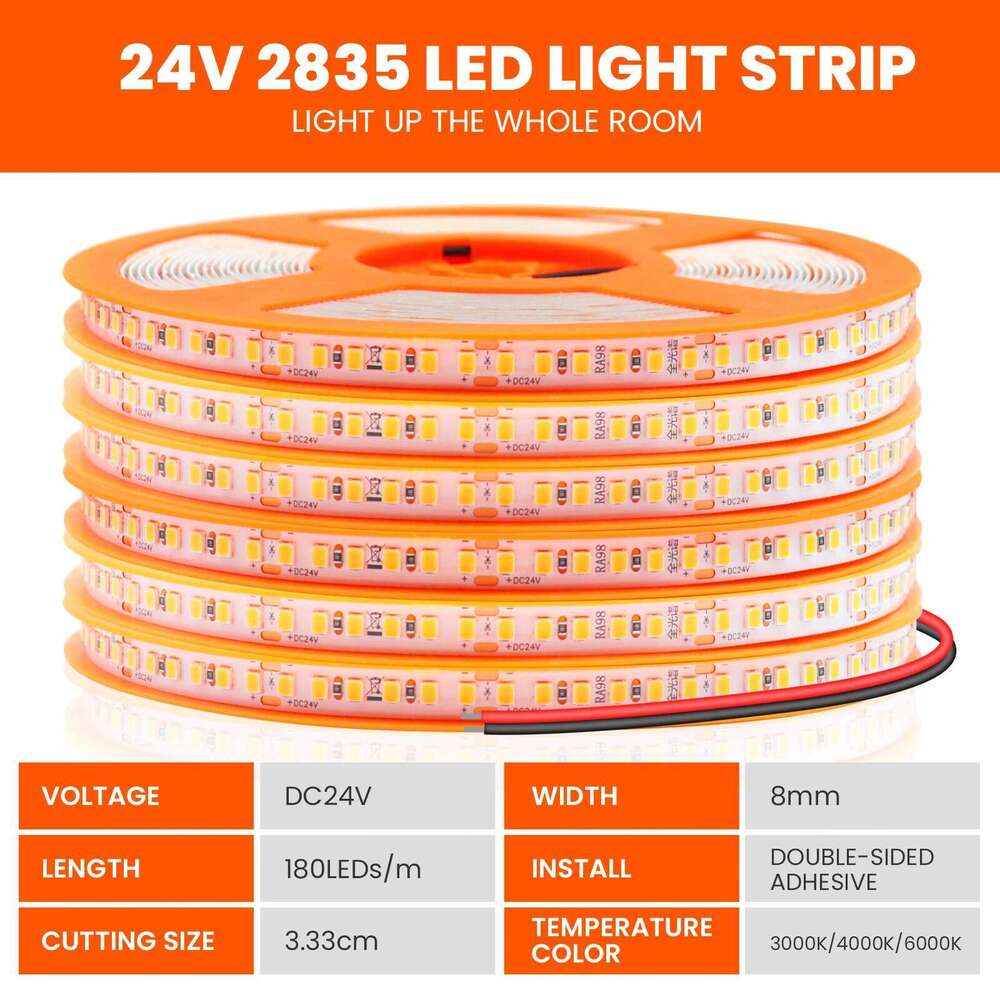 Full Spectrum High CRI RA98 LED Strip Light DC 24V SMD2835 180Leds/M 3000K 4000K 6000K 5M/10M IP20 Flexible Ribbon Tape Z260226