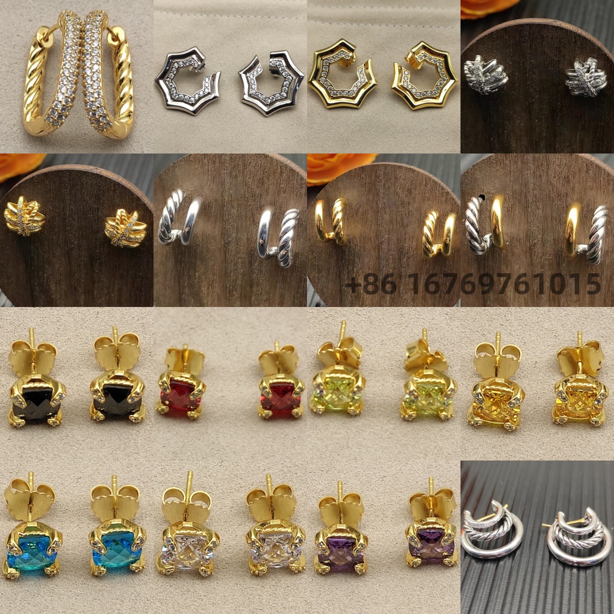 2026 New DY Sawtooth Stacked Earrings with Diamond Cross-Shaped Center Stone and Colored Diamonds, 8mm Four-Prong Stud Earrings, Simple and Retro Style