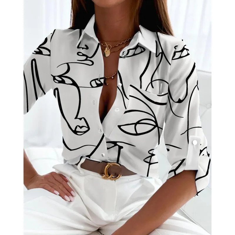 Elegant Womens Shirt Spring/Summer Womens Commuter Long Sleeved Shirt Fashion Printed Lapel Holiday Casual Shirt 260227