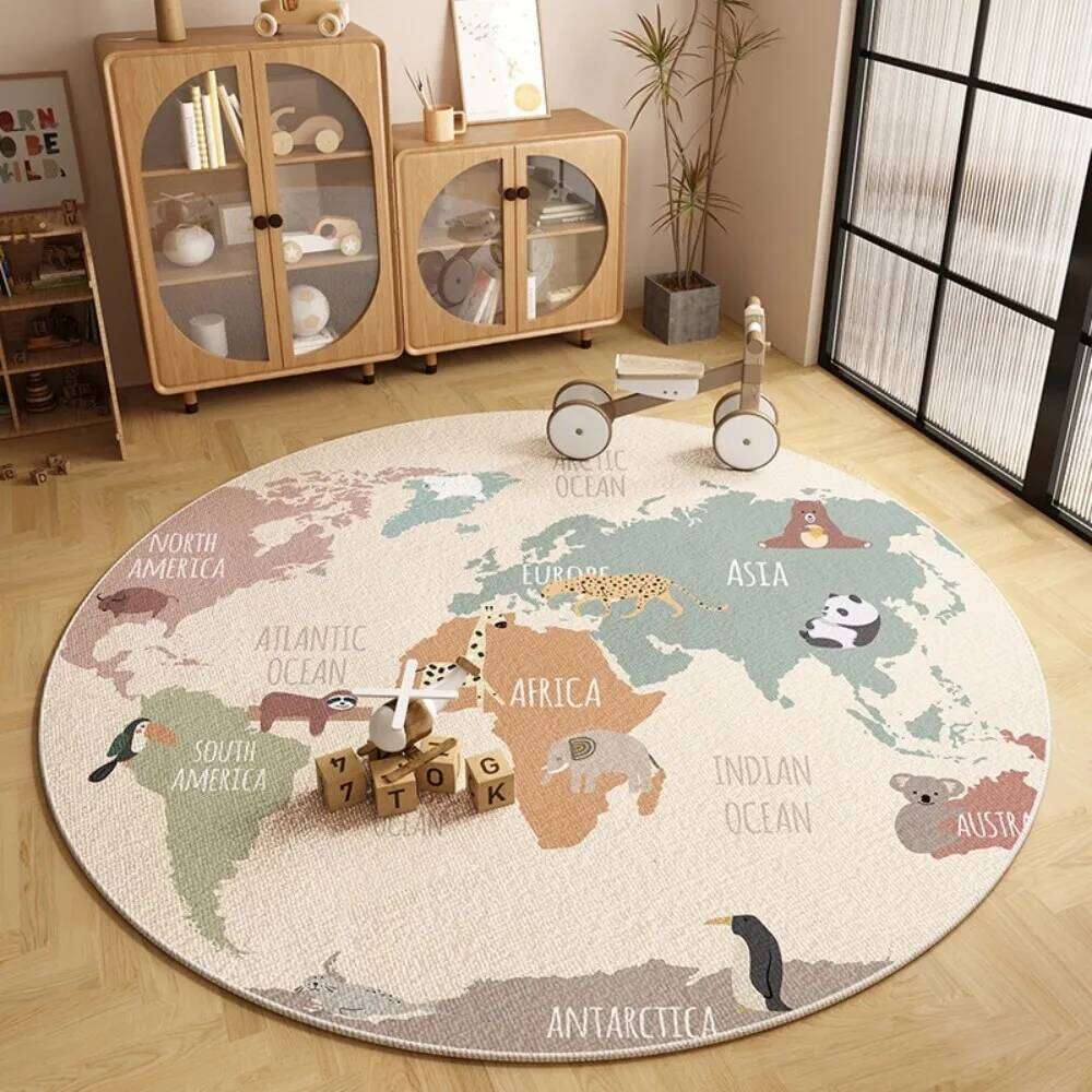 VIKAMA Cartoon World Map Round Scandinavian Style Non Slip Wear Resistant Easy To Clean Decorative Carpet Home Decoration H260226