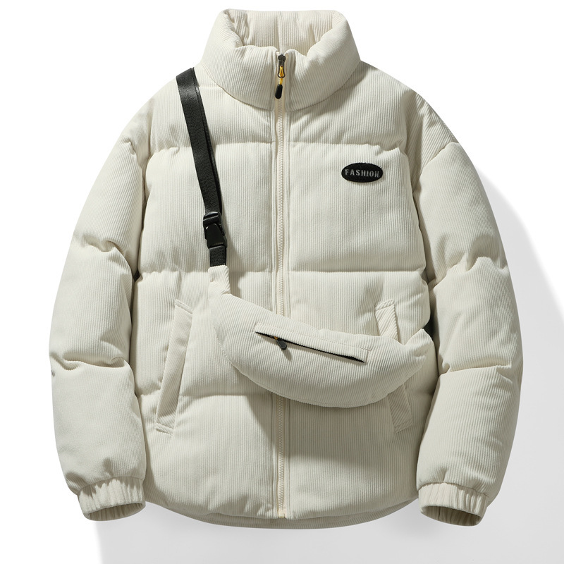 Men's Winter Corduroy Padded Jacket, Stylish Stand Collar Thickened Trendy Coat with Crossbody Bag, Versatile Couples Outerwear