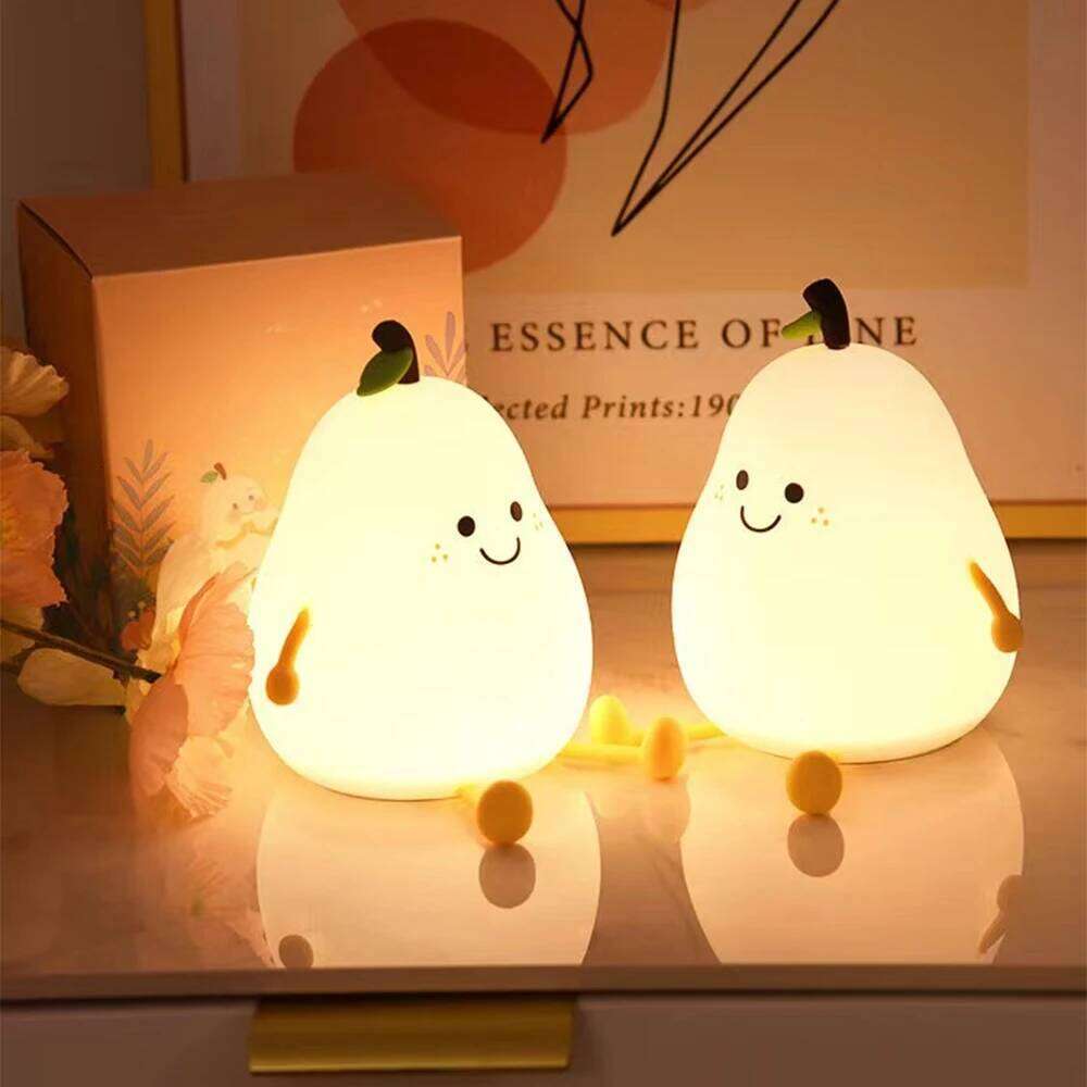 LED Pear Fruit Night USB Rechargeable Dimming Touch Silicone Nightlights Bedroom Bedside Decoration Couple Gift Boby Light Z260227