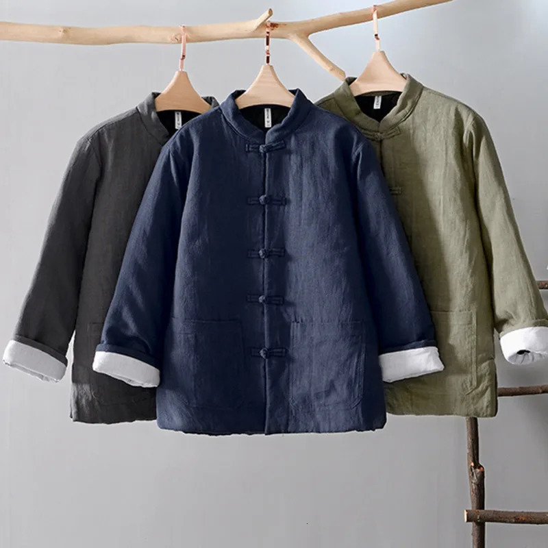 Retro Chinese Style Male Warm Padded Jacket Harajuku Loose Solid Color All-match Cotton Linen Knot Button Outwear Jacket Men 260227 - view 7