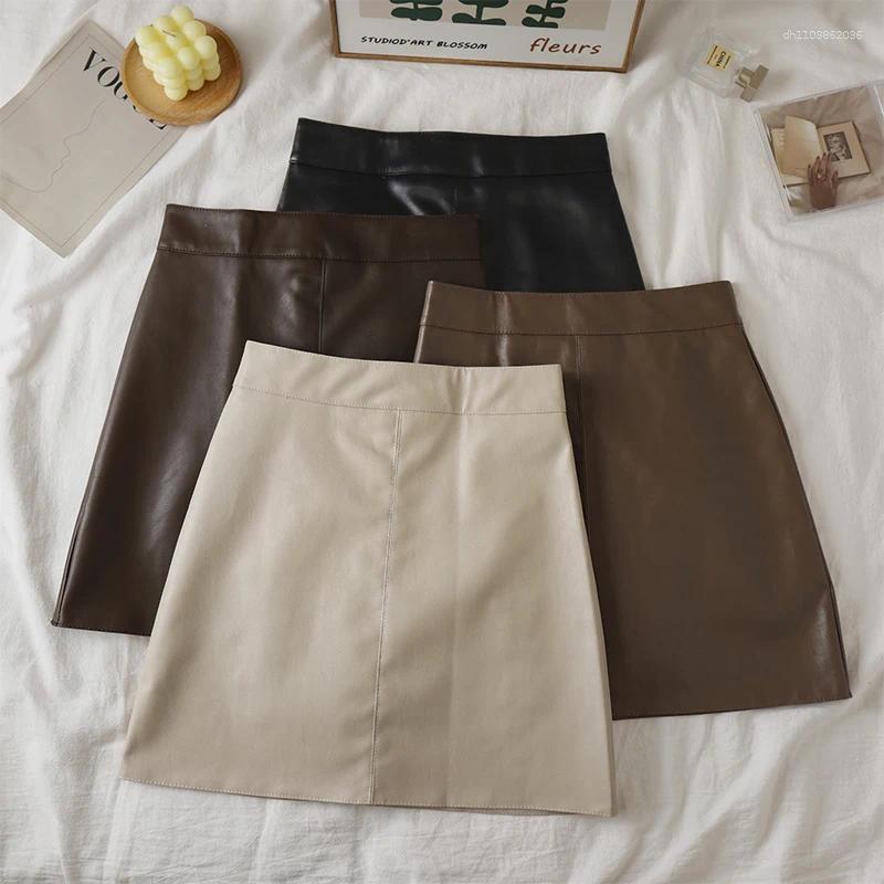 Skirts Faux Leather Mini Skirt For Women High Rise A-line PU Short With Built-in Shorts Black Brown Autumn Winter Trend Outfit