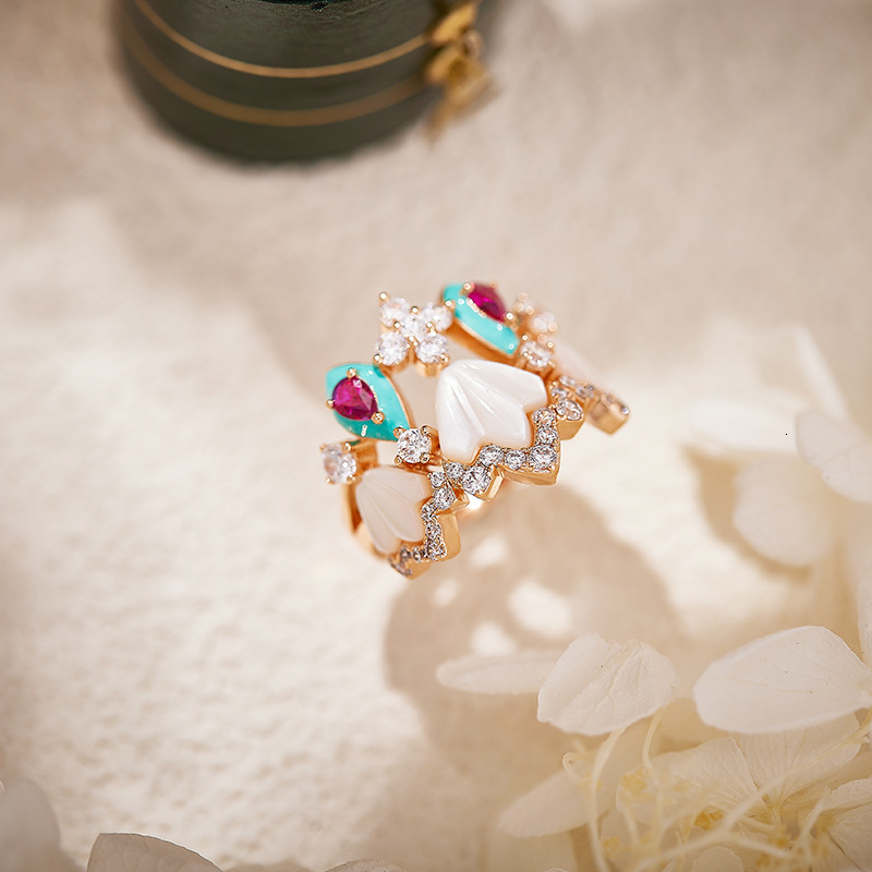 Ring White Shell Cat Paw Ring, Gold-Plated Ring, Blue Enamel Ring, Niche Light Luxury Women's Ring