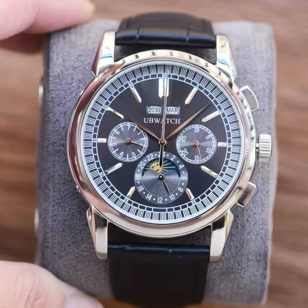 P1 Grand Complications 41MM Automatic Mechanical Mens Watches Glass Back Hardlex Wristwatches Full Of Texture Leather Strap Man Watch Black