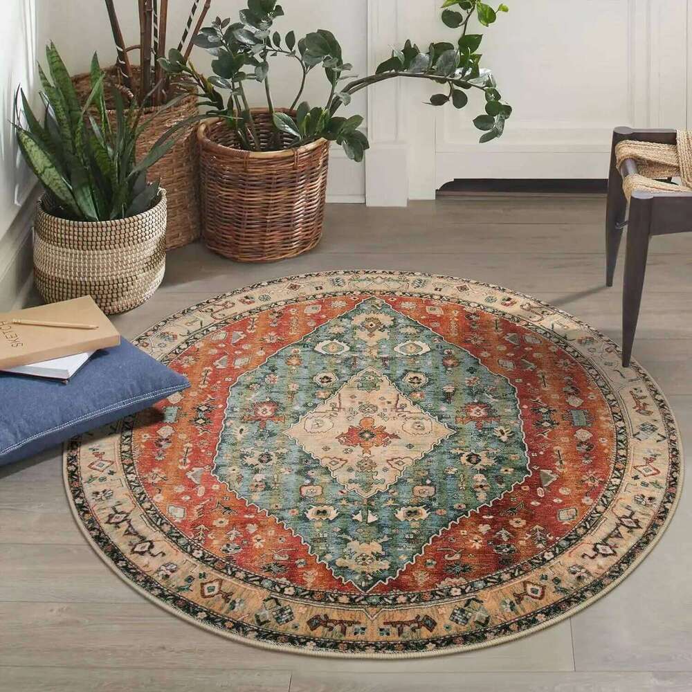 VIKAMA Round Vintage National Style Crystal Velvet Living Room Household Dirt And Wear Resistant Floor Mat H260226