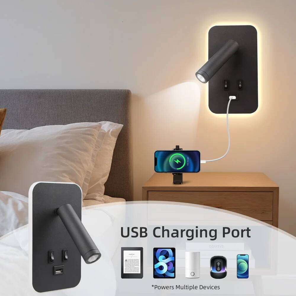 Lamp with Chargeable USB Port Bedside LED Reading Bedroom Lights Rotatable Head Wall Sconce for Living Room Home Decor Z260227