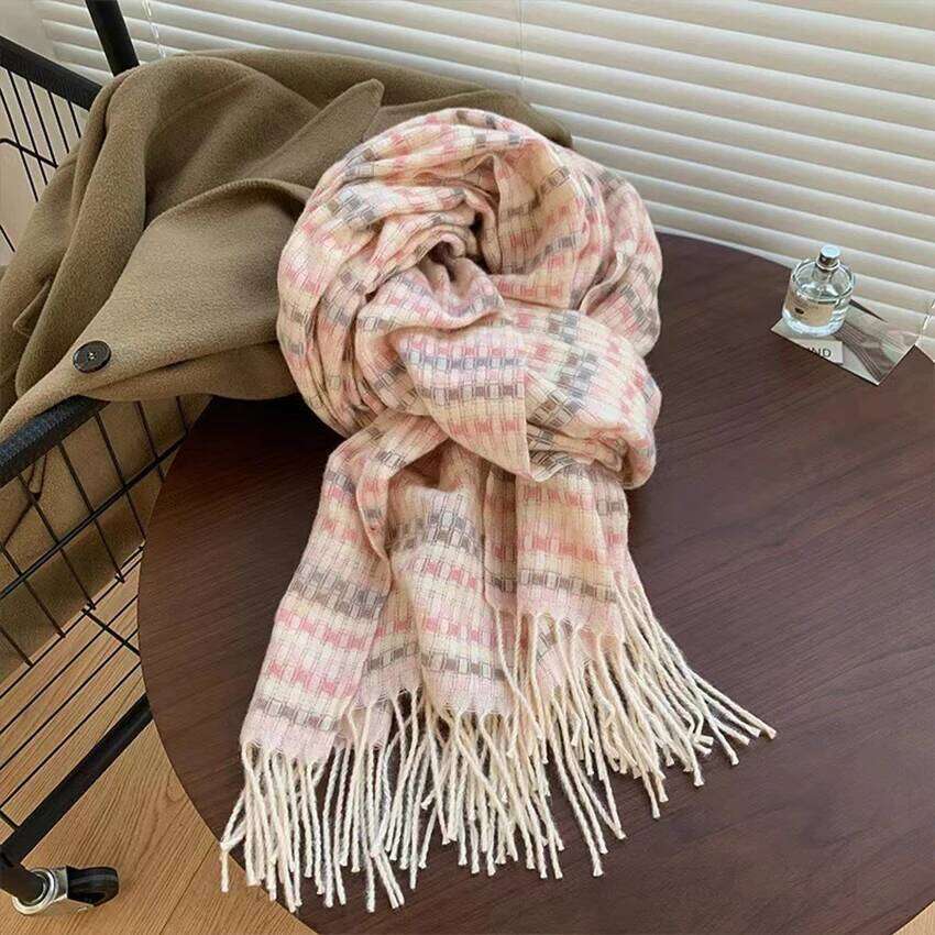 1pc Women's Rainbow for Autumn Winter, Stylish Warm Plaid Tassel Scarf Shawl, Sweet and Versatile Thick Neck Z260226