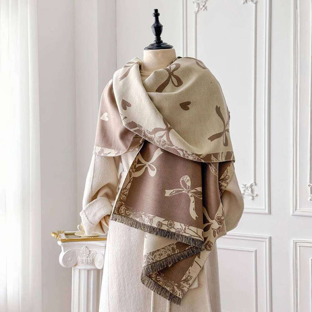 Women New Elegance Bow Print 2025 Winter Warmer Pashmina Two-Sided Scarves Female Shawls Thick Blanket Wraps Foulard Scarf Z260226