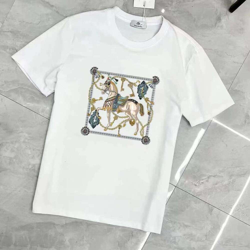 Trendy Brand Letter Print High Street Pure Cotton Short-Sleeve T-Shirt For Men, Summer Versatile Ins Fashion With Square Frame And Chain Design