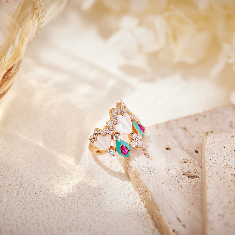 Ring White Shell Cat Paw Ring, Gold-Plated Ring, Blue Enamel Ring, Niche Light Luxury Women's Ring