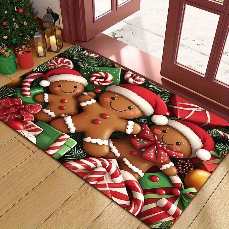 Gingerbread Man Christmas Carpet Candy Cane "Merry Christmas" Snowflake Decoration Entryway Floor Mat Home Rug H260226