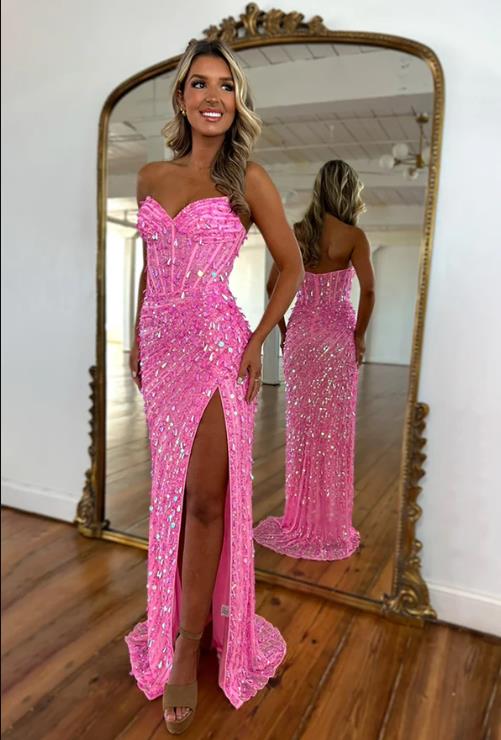 Sparkly Gold Sequined Mermaid Prom Dresses Sweetheart Long Corset Evening Gowns With Slit Junior Gala Birthday Party Wears F27bc22014 B0312
