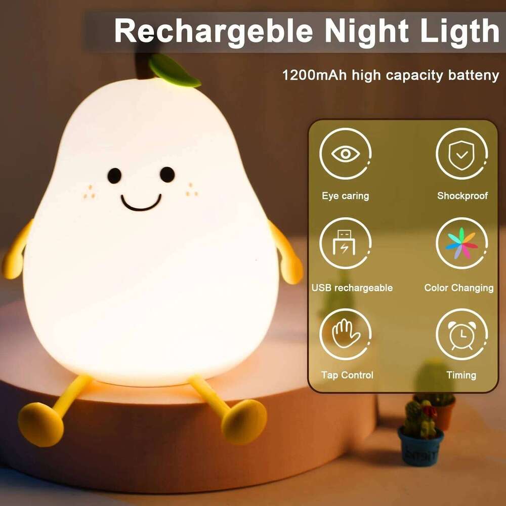 1pc Cute Pear 7-Color Dimmable Touch-Controlled Night Light Silicone Stress Reducing Pat Lamp USB Rechargeable Z260227