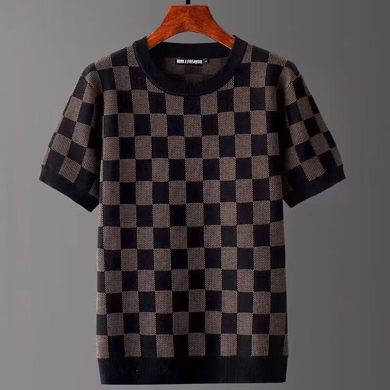 Luxury Brand Designer Clothes Summer Short Sleeve Sweater Men Half Sleeve Knitted Shirt Thickened Geometric Pattern New Street Style Slim Fit Round Ne