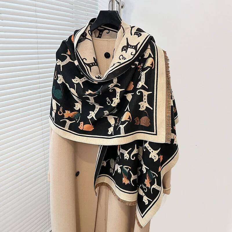 Elegant Ladies' Animal Cat Pashmina Autumn Winter Thick Warmth Double Sided Tassel The Shawl Coldproof Windproof Blanket Scarf Z260226