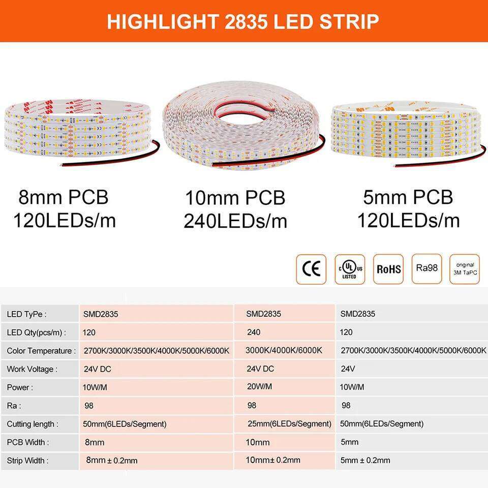 LED Strip Light RA98 5mm 8mm PCB 5m 10m 24V 2835 120 240 LEDs Flexible Adhesive Tape 2700K 3000K 3500K 4000K 5000K 6000K Decor Z260226