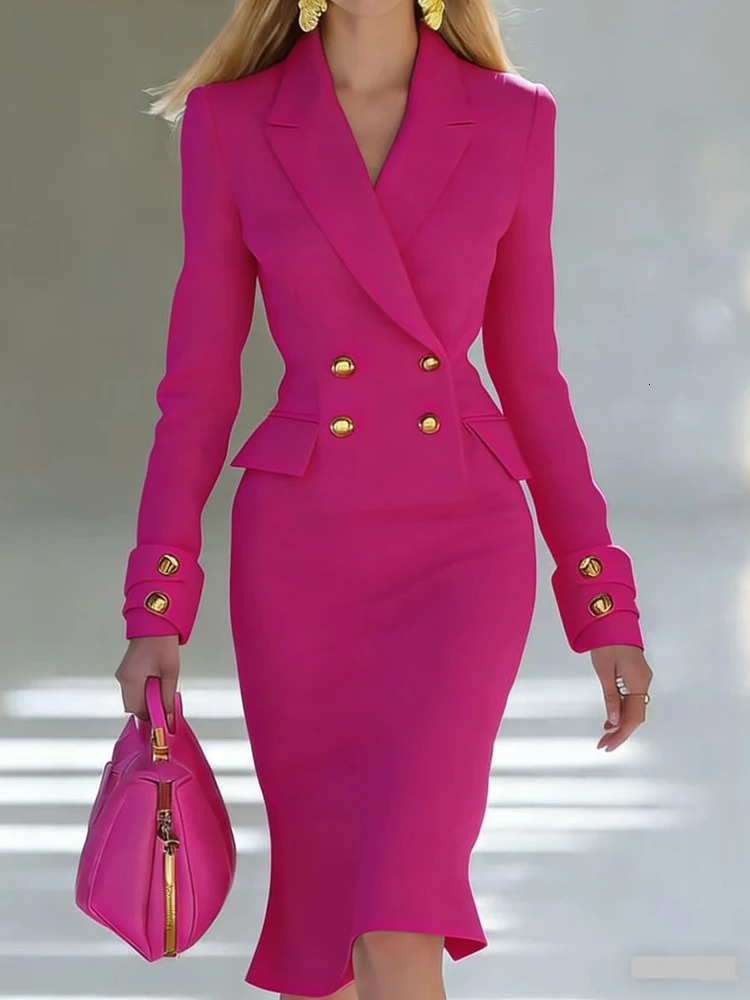 Elegant V-neck Double breasted Blazer Dress Fashion Commute Hight Waist Solid Party Dress Lady Casual Long Sleeve Wrap Hip Dress 260227
