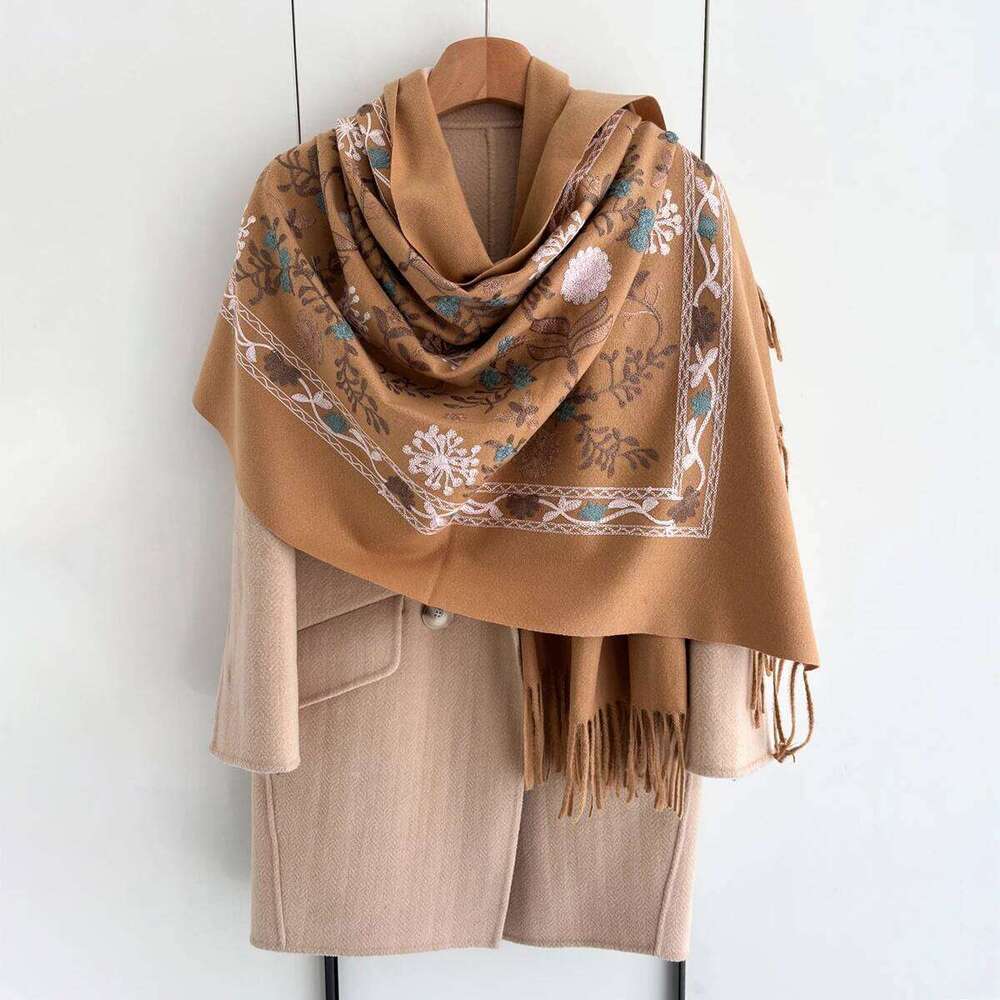 Floral Warm Scarf Women Faux Cashmere Shawl Wrap Thickened Pashmina Tassel Perfect for Outings Stylish Winter Blanket Z260226