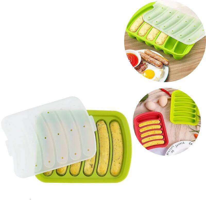 Green 6-Grid Silicone Sausage Maker Mould for Ham Hot Dog Cake Baking Non-Stick Dishwasher Safe Kitchen Tools Accessories