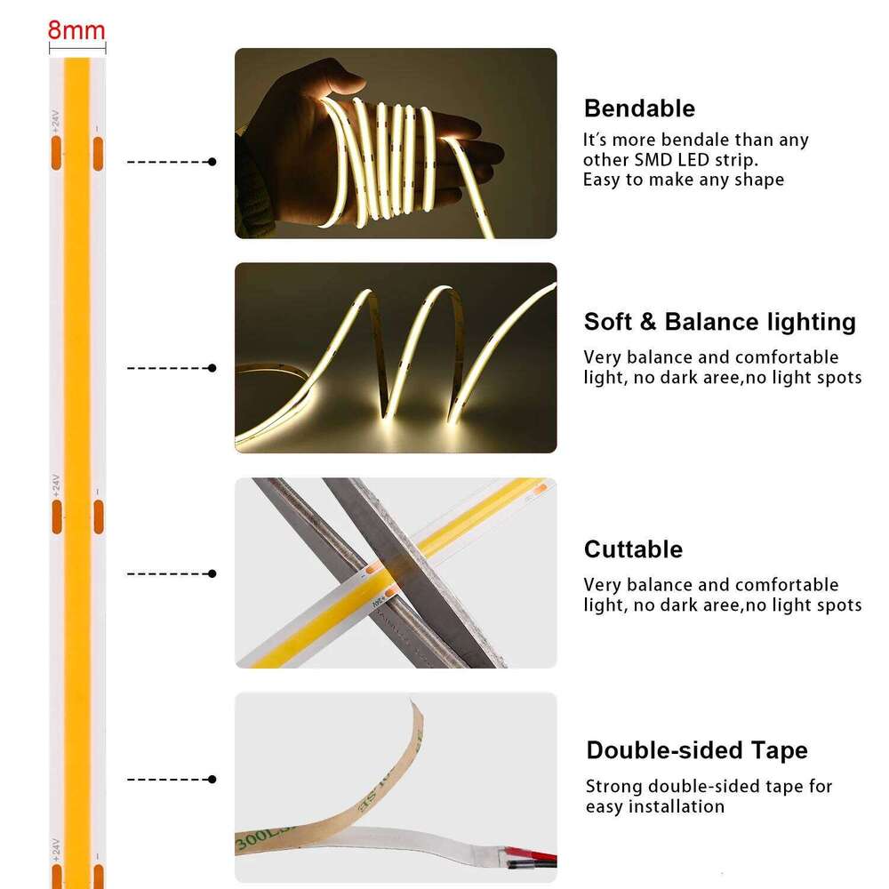 20m Ultra-long COB Strip Light 480LEDs/m 65.6ft Super Bright Flexible Led Ribbon Tape 24V Dimmable RA90 LED Linear Lighting Z260226