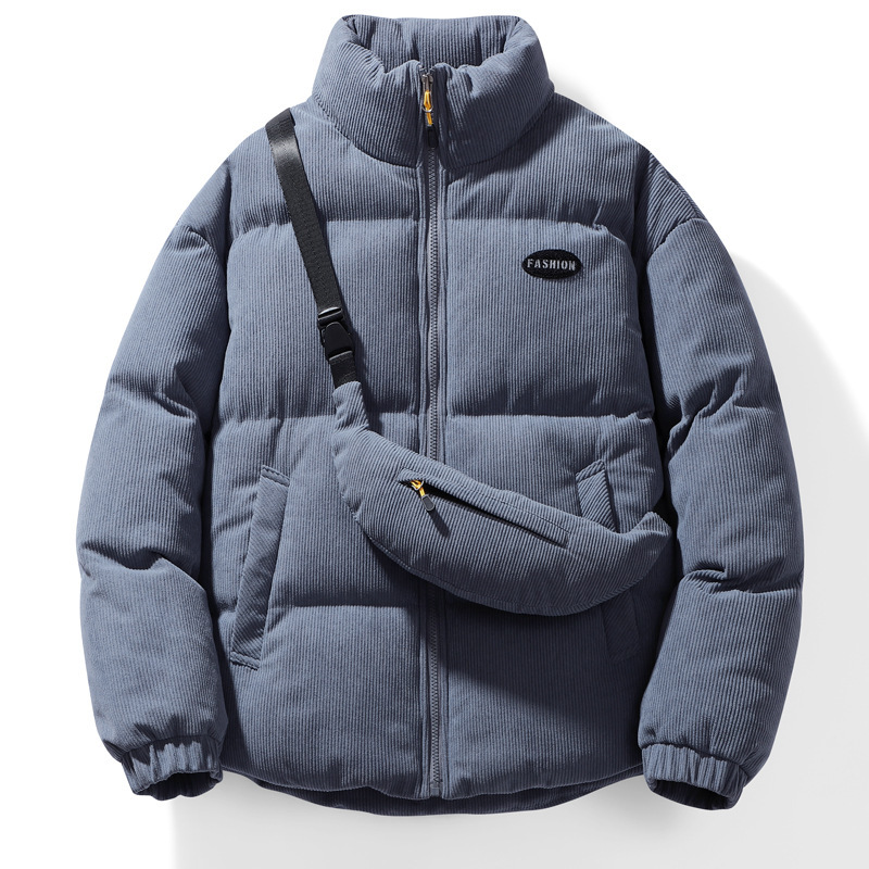 Men's Winter Corduroy Padded Jacket, Stylish Stand Collar Thickened Trendy Coat with Crossbody Bag, Versatile Couples Outerwear
