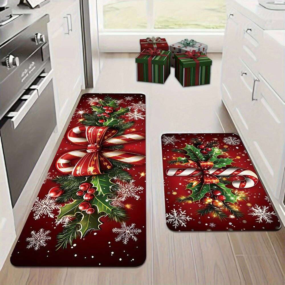 VIKAMA Merry Winter Candy Canes Holly Snowflake Kitchen Mat Christmas Holiday Atmosphere Decor Festive Home Gift H260226