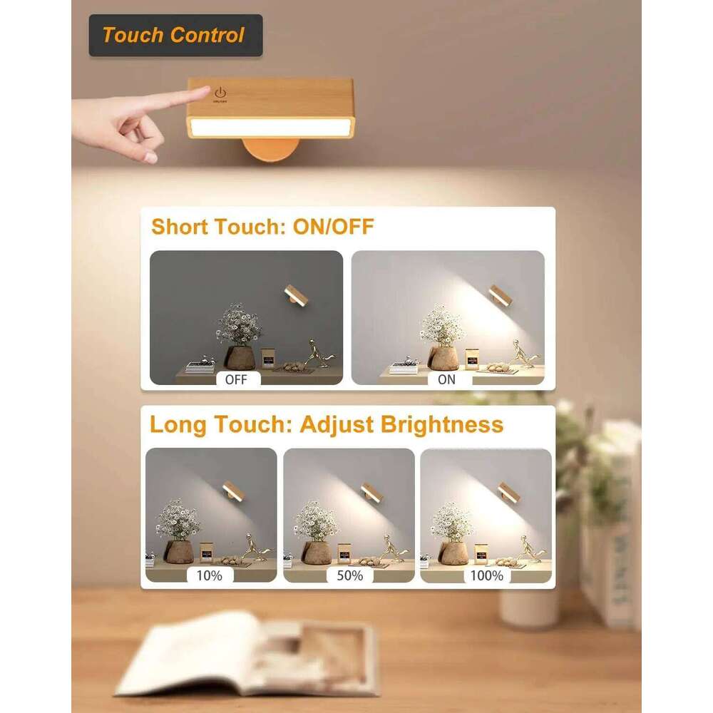 Nordic Wood Lamp With 360 Rotate Dimmable Sconce Touchable Magnetic Bedroom Cordless Wall Mount Light For Reading Z260227