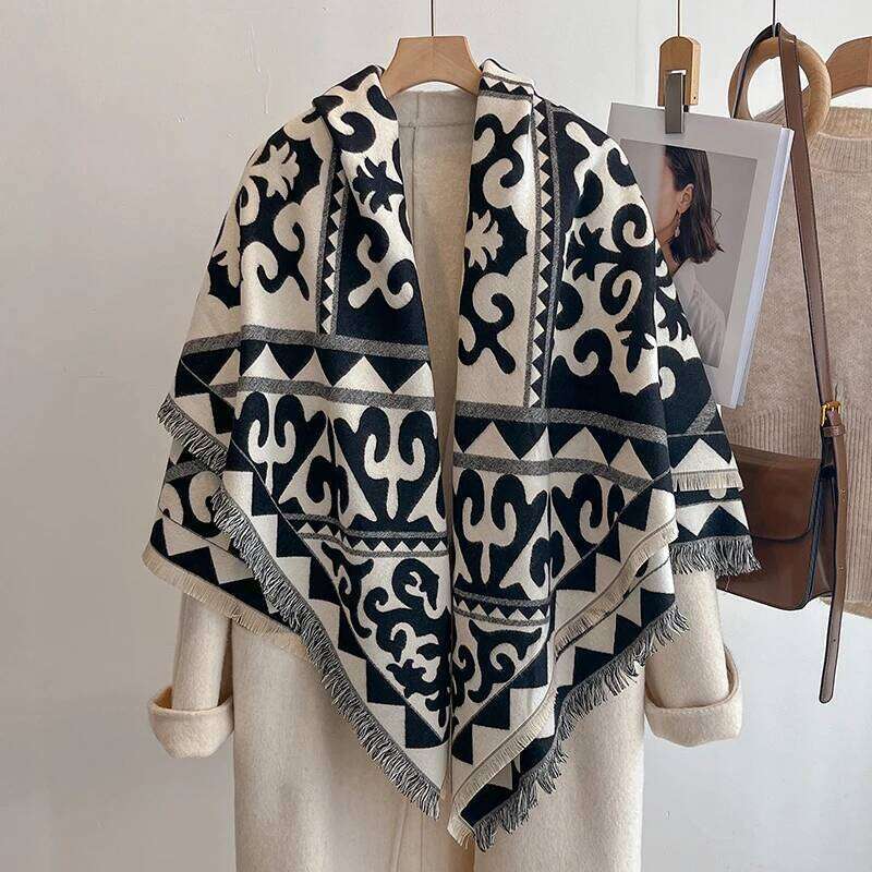 Women's Winter Fashion Faux Cashmere Scarf Vintage Floral Print With Tassels Thick Warm Shawl Trendy Wrap For Cold Weather Z260226