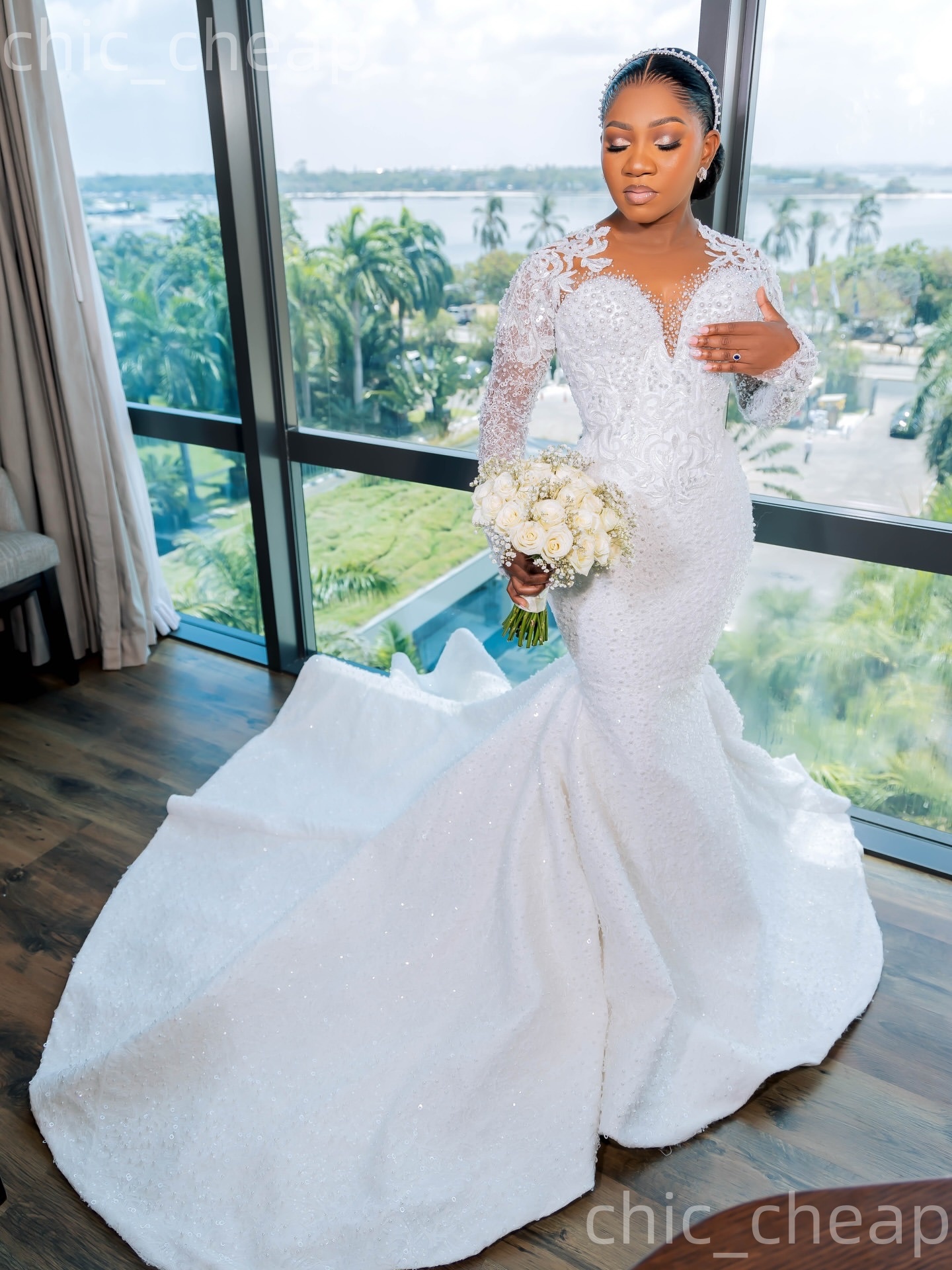 African Aso Ebi 2026 Ivory Mermaid Wedding Dress Pearls Lace Sheer Neck Full Sleeves Sequined Vintage Charming Bridal Gowns Dresses ZJ0277
