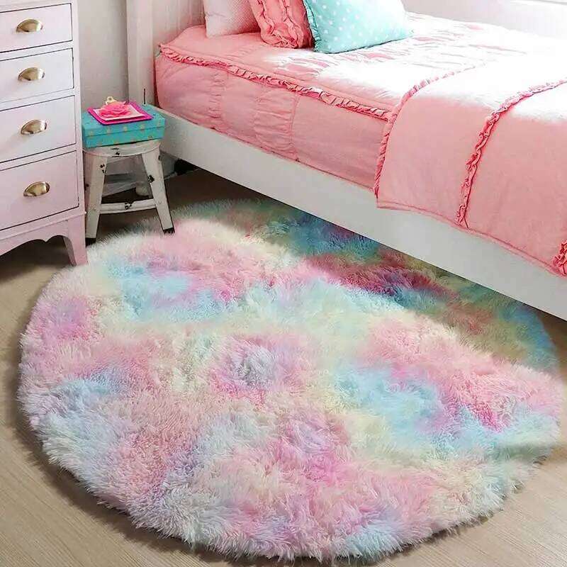 60/80/100/120/140/160 Round Rug Rainbow Fluffy Soft Area Rugs for Kids Girls Room Plush Shag Carpet Cute Circle Bedroom Decor H260226