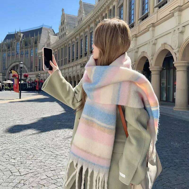 Color Striped Imitation Cashmere Maillard Women's New Korean Version Versatile Thickened Winter Plush Warm Scarf Z260226