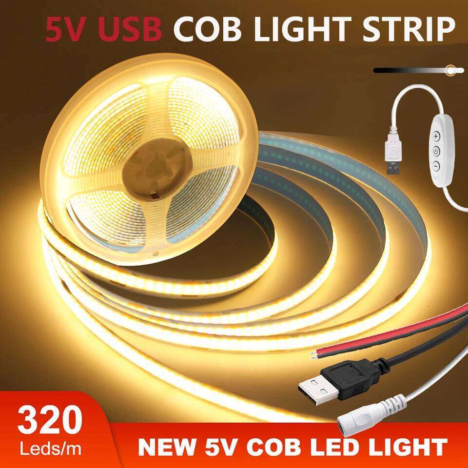 5V COB LED Strip Light With USB 2PIN Wire DC Plug 8MM 320LED High Density Flexible Tape 3000K 4000K 6000K Warm Natural White Z260226
